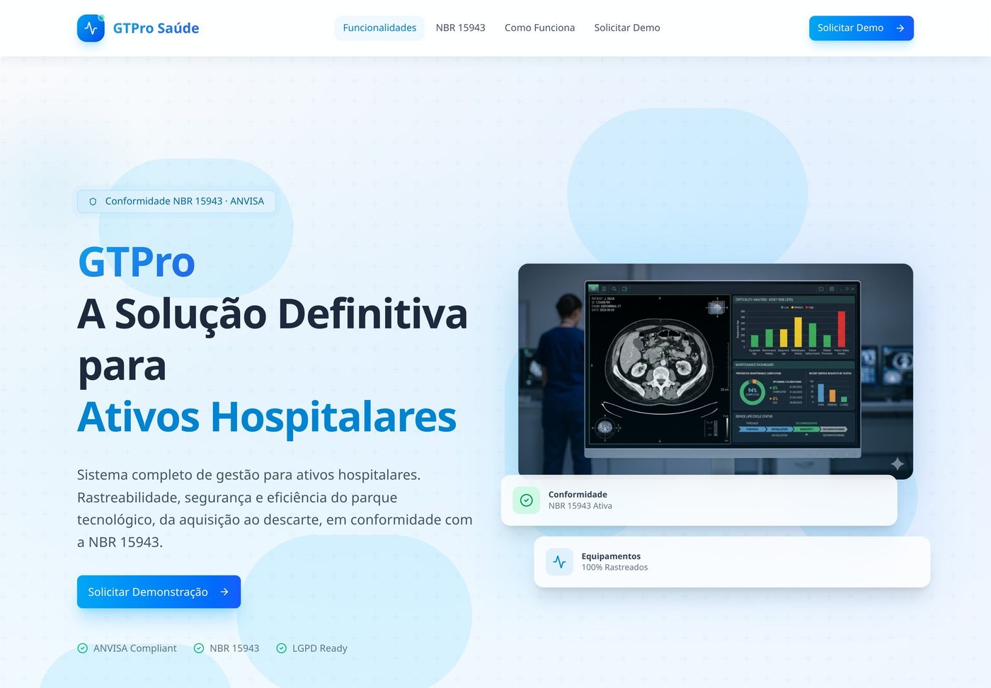 Interface do site GTPro Saúde apresentando a gestão de ativos hospitalares
